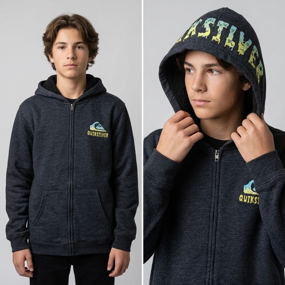 Quiksilver Boys‎ Full Zip Hoodie Large 14/16 Charcoal Gray Sherpa Lined Jacket